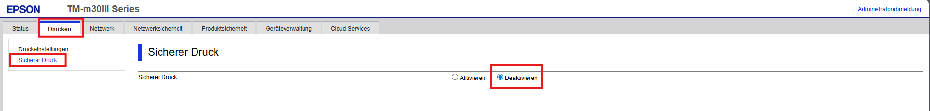 Deaktivierung von RED Security bei Epson TM-M30III 2 Sicherer Druck